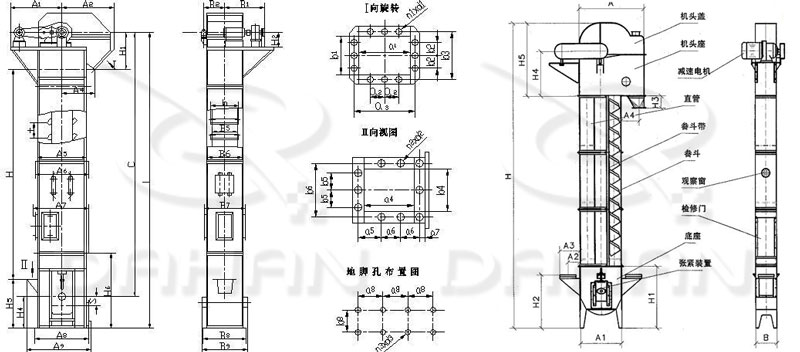 TD/D型斗式提升機(jī)基本結(jié)構(gòu):機(jī)頭蓋，機(jī)頭座，減速電機(jī)，直管，底座，緊張裝置等。