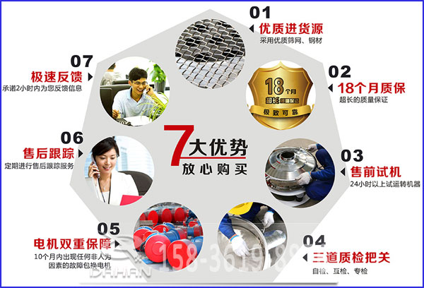 大漢食品振動篩的7大優(yōu)勢：優(yōu)質進貨源，售后跟蹤，售前試機等。