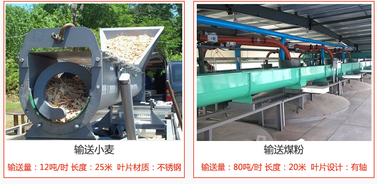 絞龍螺旋輸送機輸送小麥輸送量在12噸/時，長度為25米，葉片采用不銹鋼材質；輸送水泥輸送量在80噸/時，長度為20米，葉片設計為有軸。