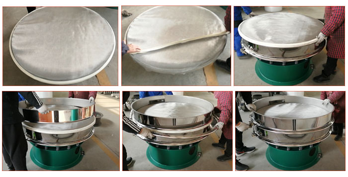 食品振動(dòng)篩網(wǎng)安裝步驟3，將密封圈安裝到網(wǎng)架周圍，將篩框放到網(wǎng)架上，并利用束環(huán)將上下兩層篩框固定在一起。