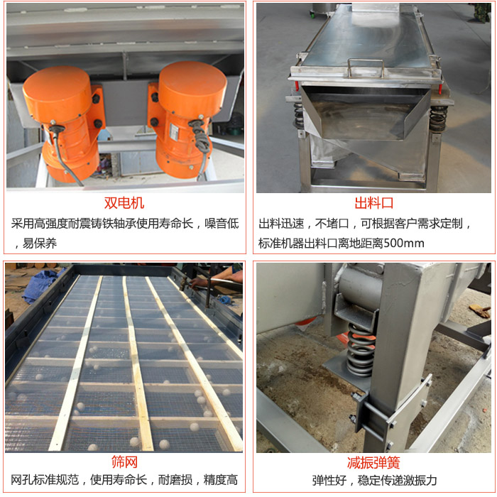 線振動篩配件優(yōu)勢：雙電機采用高強度耐震鑄鐵軸承使用壽命長，噪音低，易保養(yǎng)，出料口：出料迅速，不堵口，可根據(jù)客戶需求定制標(biāo)準(zhǔn)機器出料口離地距離500mm。篩網(wǎng)：網(wǎng)孔標(biāo)準(zhǔn)規(guī)范，使用壽命長，耐磨損，精度高。減震彈簧彈性好，穩(wěn)定傳遞激振力。