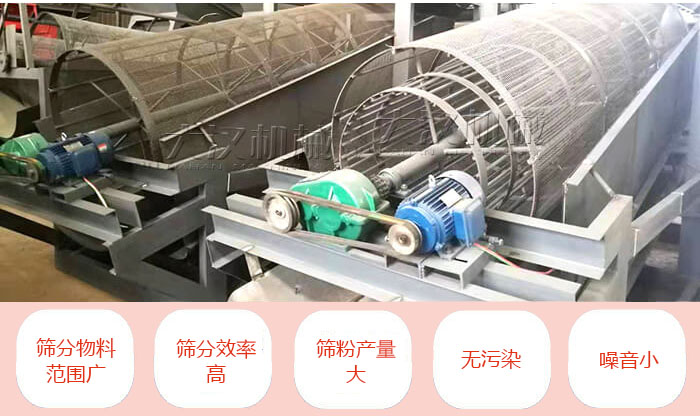滾筒篩分機主要特點：篩分物料范圍廣，篩分效率高，篩分產(chǎn)量大，無污染，噪音小。