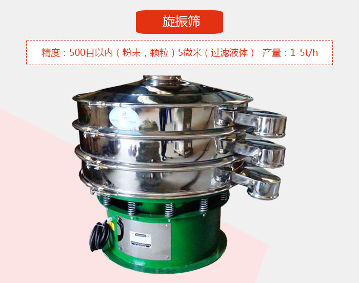 旋振篩精度：500目以內（粉末，顆粒）5微米（過濾液體）產量：1-5t/h