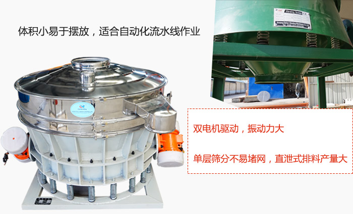 雙電機(jī)驅(qū)動，振動力大，單層篩分不易堵網(wǎng)，直泄式排料產(chǎn)量大