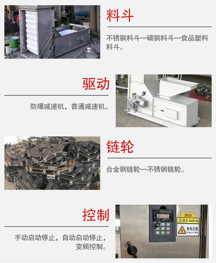 z型斗式提升機(jī)料斗：不銹鋼料斗-碳鋼料斗-食品塑料料斗。驅(qū)動(dòng)裝置采用的式防爆減速機(jī)，普通減速機(jī)兩種。鏈輪采用合金鏈輪-不銹鋼鏈輪控制器：手動(dòng)啟動(dòng)/停止，以及自動(dòng)啟動(dòng)停止。