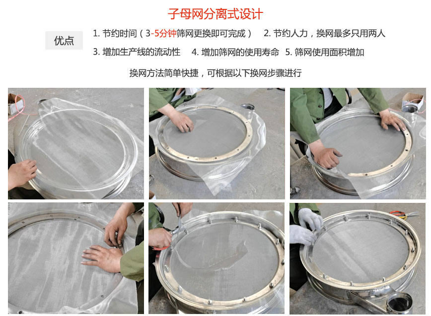 大漢振動機械換網(wǎng)優(yōu)勢：1，節(jié)省時間（3-5分鐘篩網(wǎng)更換即可完成）2，節(jié)省人力，換網(wǎng)只有兩人。3.增加生產(chǎn)線的流暢性。4.增加篩網(wǎng)壽命，彈跳球不直接撞擊子網(wǎng)。5.篩網(wǎng)使用面積增加。