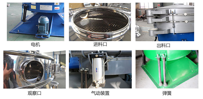搖擺篩分機(jī)由進(jìn)料口，出料口，觀察口，電機(jī)，彈簧，氣動裝置等部件組成