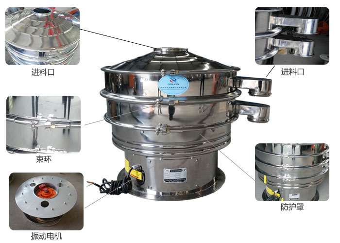 全不銹鋼振動篩細節(jié)：束環(huán)，進料口，出料口，振動電機，防護罩等。