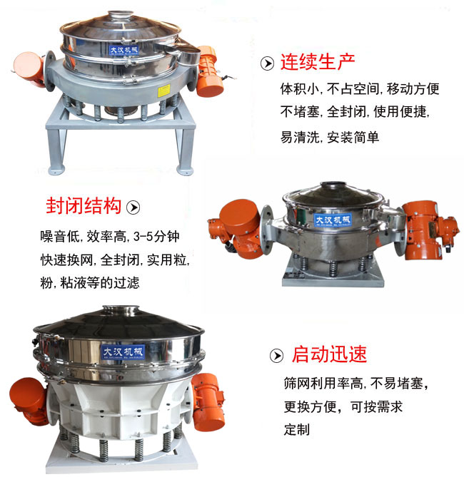 直徑1000mm直排篩特點(diǎn)：連續(xù)生產(chǎn)：體積小，不占空間，移動(dòng)方便，不堵塞，全封閉，使用便捷，易清洗，安裝簡(jiǎn)單。封閉結(jié)構(gòu)：噪音低，效率高，3-5分鐘，快速換網(wǎng)，全封閉，實(shí)用粒，粉粘液等的過(guò)濾。啟動(dòng)迅速：篩網(wǎng)利用率高，不易堵塞，更換方便，可按需求定制。