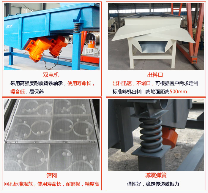 1030直線振動(dòng)篩雙電機(jī)采用高強(qiáng)度耐震鑄鐵軸承使用壽命長(zhǎng)、噪音低，易保養(yǎng)；出料口排料迅速，不堵口，可根據(jù)客戶需求定制，標(biāo)準(zhǔn)機(jī)器出料口離地面距離500mm;篩網(wǎng)網(wǎng)孔標(biāo)準(zhǔn)規(guī)范、使用壽命長(zhǎng)，耐磨損、精度高；減震彈簧：彈性好，穩(wěn)定傳遞激振力。