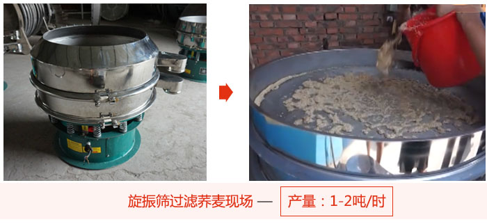 旋振篩過濾蕎麥現(xiàn)場(chǎng)，產(chǎn)量可達(dá)2噸每小時(shí)。