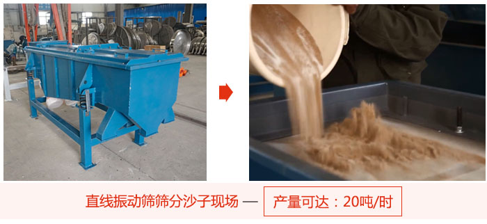 直線振動(dòng)篩篩分沙子現(xiàn)場(chǎng)展示，產(chǎn)量高達(dá)20噸每小時(shí)。