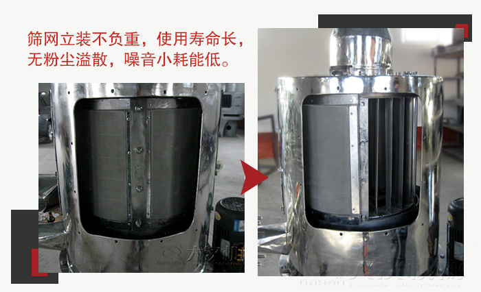 氣流篩采用立式篩網(wǎng)，不受物料的沖擊力的影響，篩網(wǎng)使用壽命長(zhǎng)