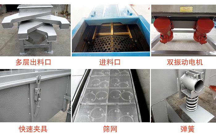 多層直線振動篩出料口，篩網(wǎng)，彈簧，快速夾具，振動電機(jī)等