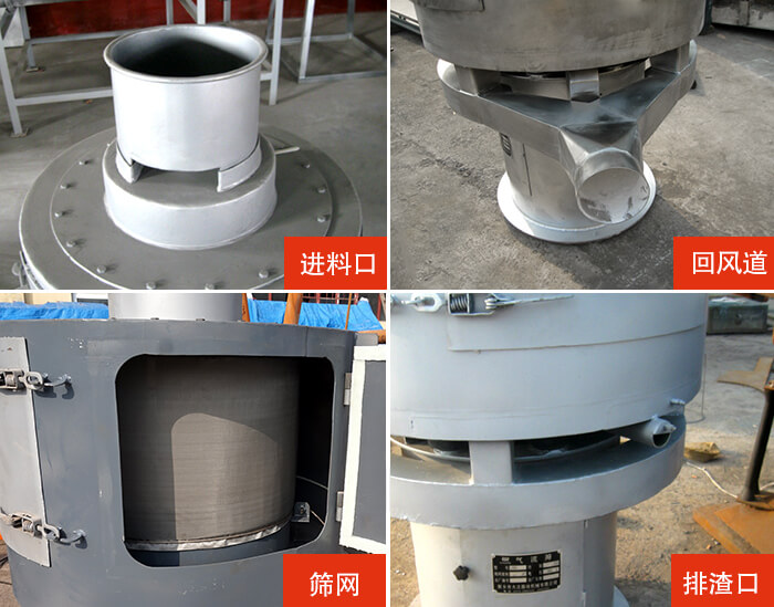 氣流篩分機進料口，回風道，篩網，排渣口。