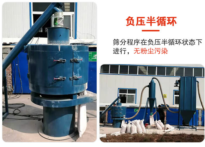 氣流篩負壓半循環(huán)，篩分程序在負壓版循環(huán)狀態(tài)下進行，無粉塵污染。