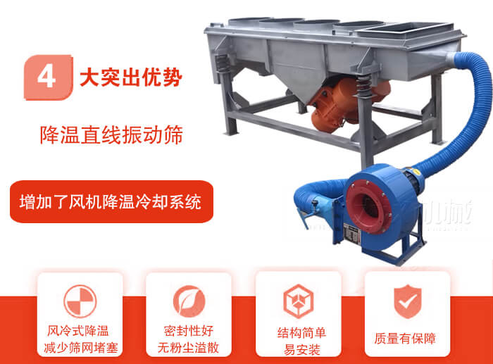 降溫直線振動篩性能特點(diǎn)：1，技術(shù)成熟，質(zhì)量可靠，篩分精度高，處理量大。2，風(fēng)冷式降溫系統(tǒng)設(shè)計(jì)，快速有效降溫。3，適用范圍廣，可應(yīng)用于各種需要降溫的物料。4，設(shè)計(jì)精巧合理，結(jié)構(gòu)簡單，易安裝，耗能少，噪音低5，篩網(wǎng)使用壽命長，換網(wǎng)更方便，快捷6，設(shè)備整體密封性好，無粉塵溢散。