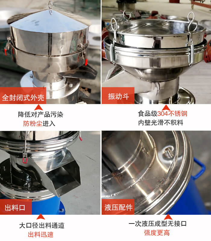 450過濾篩機(jī)結(jié)構(gòu)組成：全封閉式外殼設(shè)計：對產(chǎn)品的污染低，防塵粉進(jìn)入電機(jī)內(nèi)部延長設(shè)備壽命。振動斗：食品304不銹鋼篩斗，內(nèi)壁光滑不存在積料現(xiàn)象。出料口，大口徑出料通道，出料迅速，提高工作效率。液壓配件：一次液壓成型無接口強(qiáng)度更高。