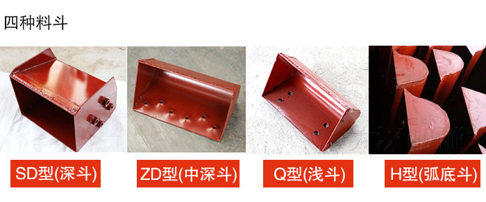 四種料斗Q型(淺斗)、H型(弧底斗)、ZD型(中深斗)SD型(深斗)展示圖