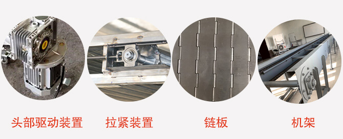 鏈板輸送機結(jié)構(gòu)：頭部驅(qū)動裝置，拉緊裝置，鏈板，機架等圖片展示