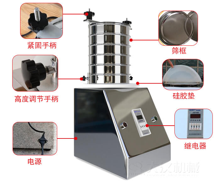 試驗篩內(nèi)部結(jié)構(gòu)，控制箱，振動平臺，兩者鎖緊手柄，上部鎖緊手柄，連接線等。