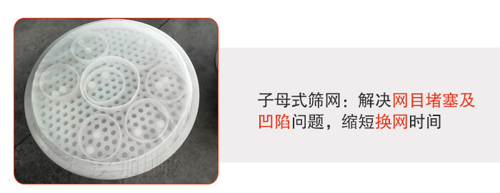 塑料防腐蝕振動(dòng)篩采用子母扣式網(wǎng)架可安裝彈跳球進(jìn)行清網(wǎng)，解決篩網(wǎng)堵塞問(wèn)題。