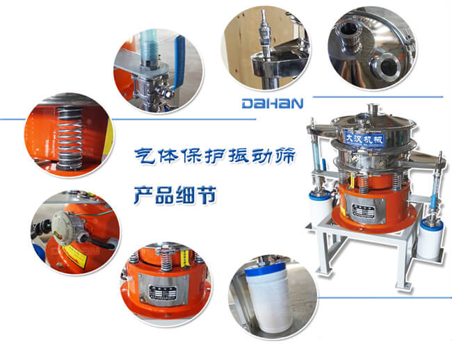 氣體保護(hù)振動(dòng)篩細(xì)節(jié)：振動(dòng)彈簧，手動(dòng)閥門，料罐等。