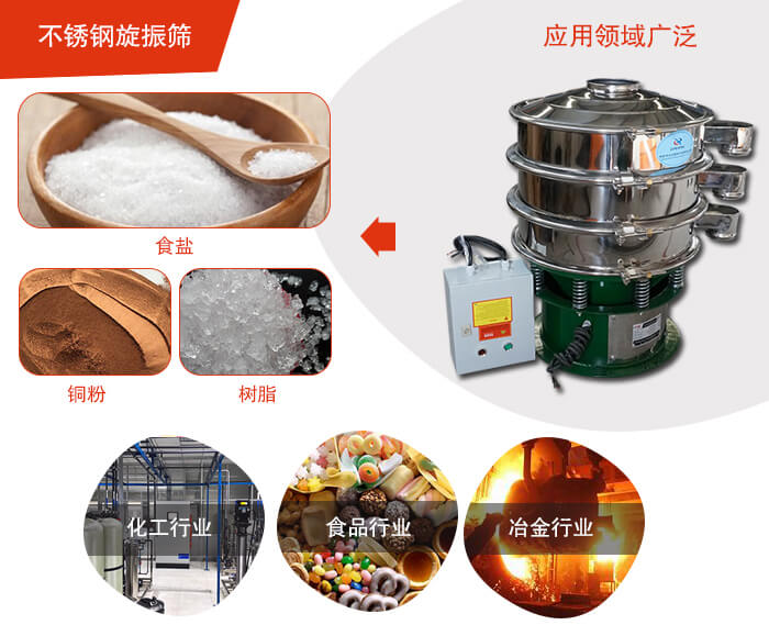 不銹鋼旋振篩應用的行業(yè):高濃度漿液過濾篩分，奶粉，豆奶粉專用振動篩機