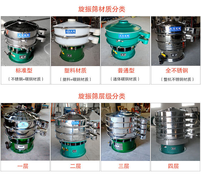 旋振篩材質分類：塑料，全不銹鋼等旋振篩層級分類：一層，兩層，三層，四層等。